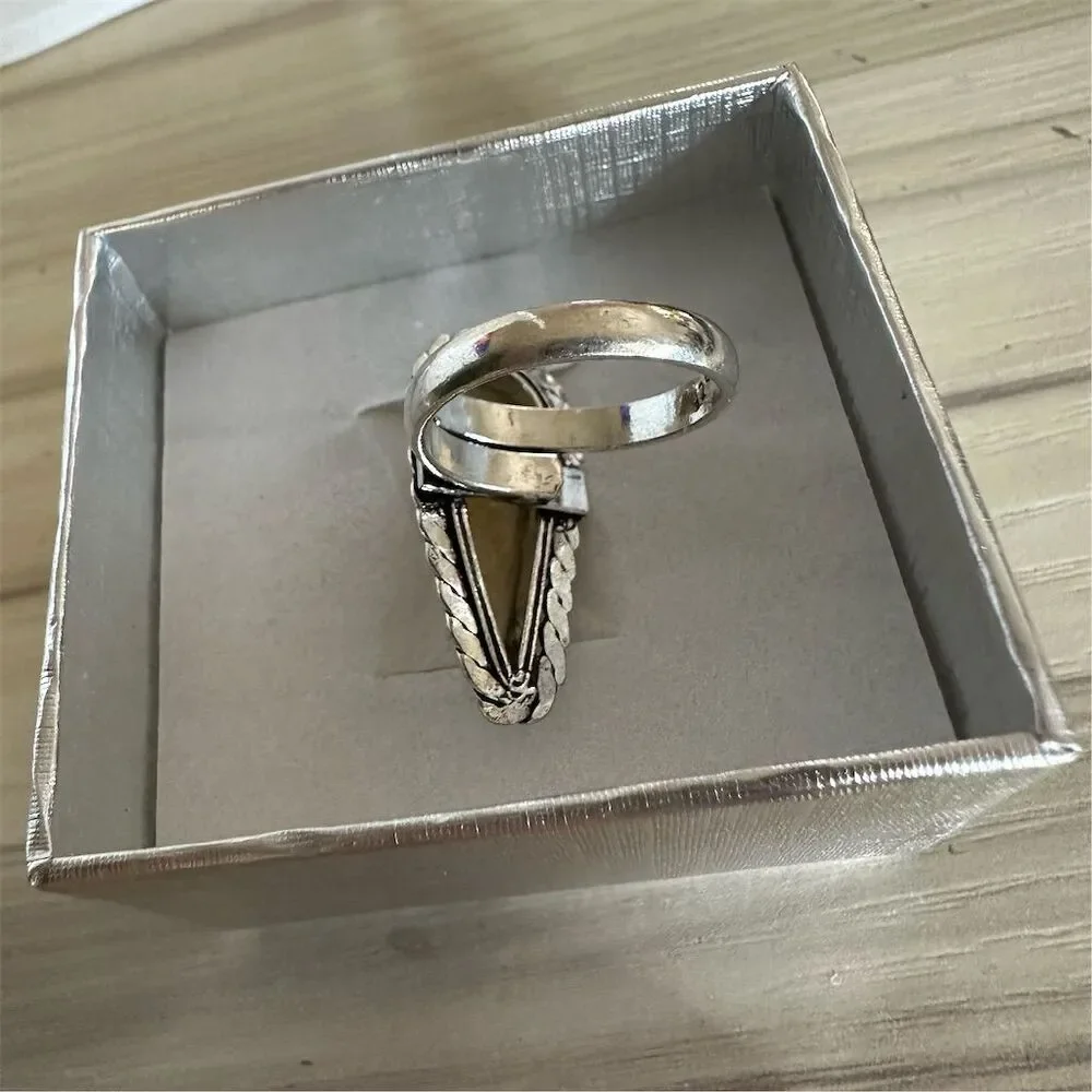 💕 Hand made Silver plated Adjustable Green‎ Yellow Fluorite Oval Gemstone Ring